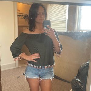 Off the Shoulder Velvet Green Top